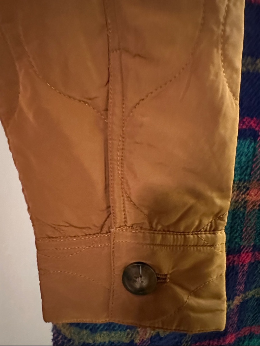 Sundance Teal & Navy Plaid Coat with Tan Quilted Sleeves - Picture 2 of 6